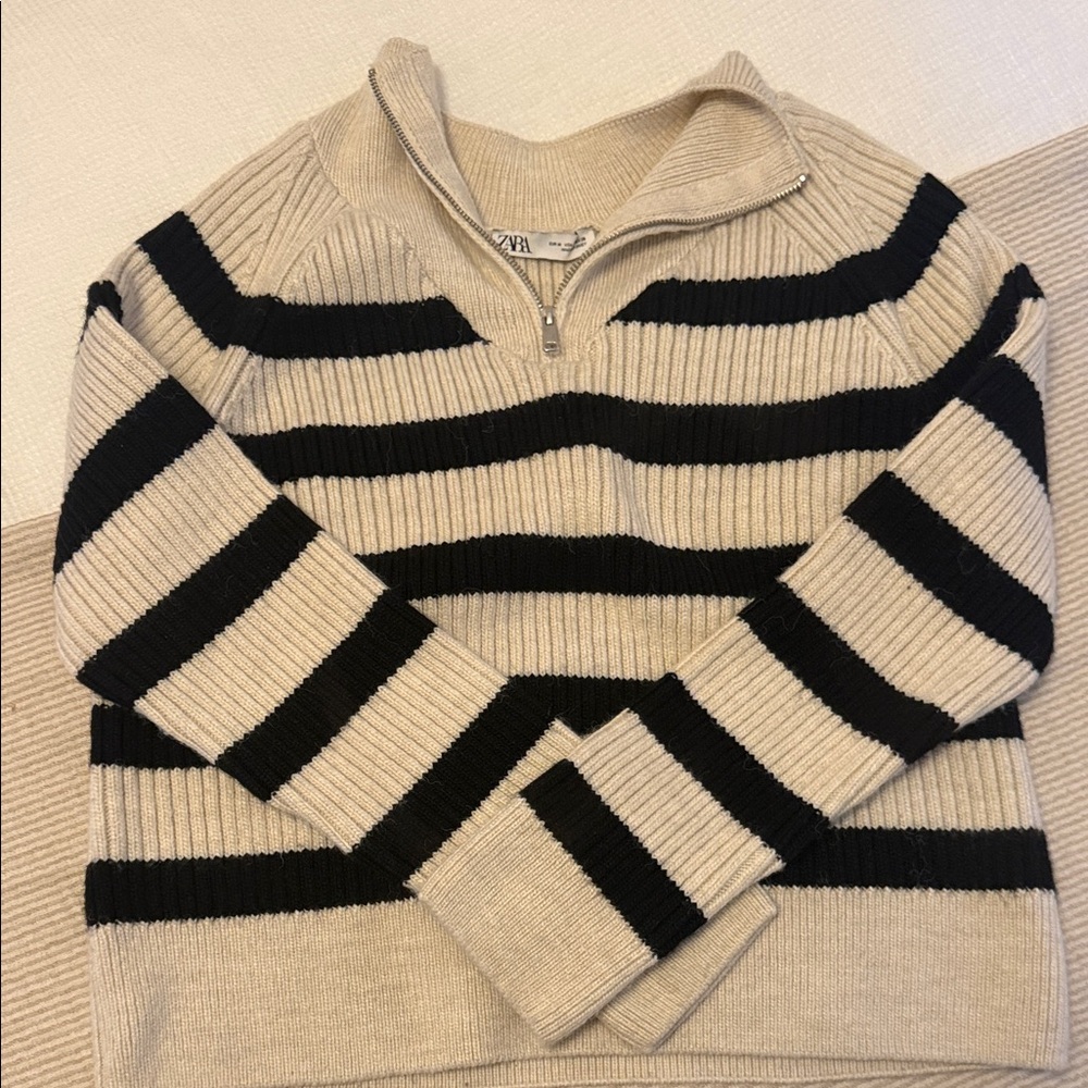 Zara Cream and Black Striped Knit Sweater